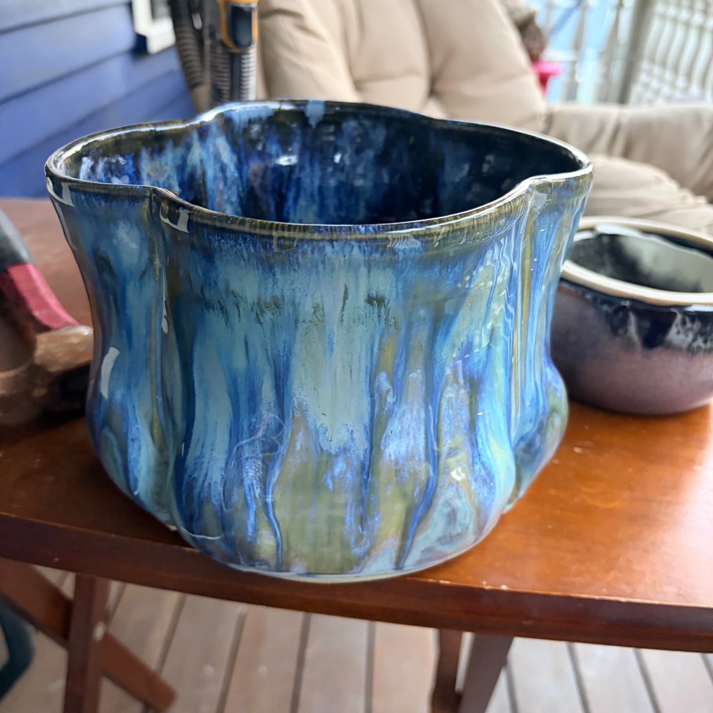 1109 Handmade Ceramic Wavy Rim Vase in blues and greens