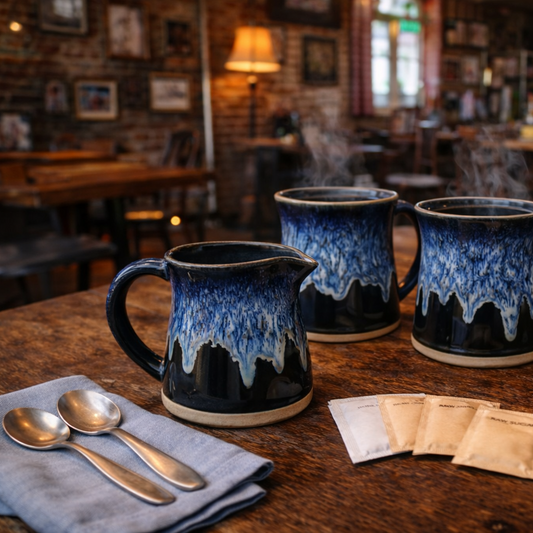 Three blue ceramic mugs on a wooden table with tea bags and spoons.