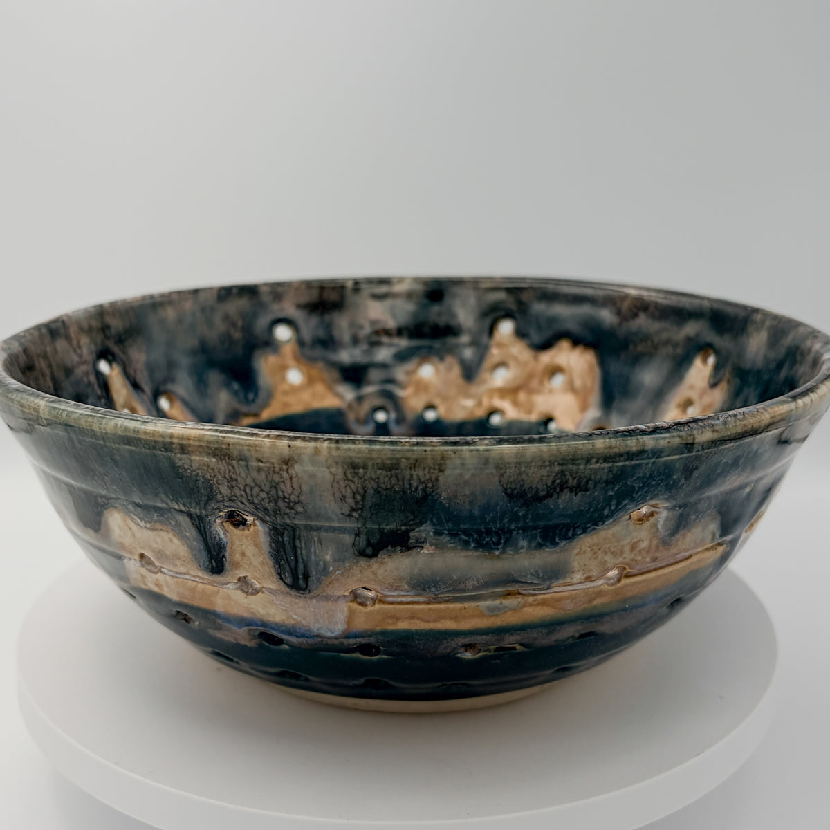 Coastal Harvest — Handmade Ceramic Colander in Blue & Amber