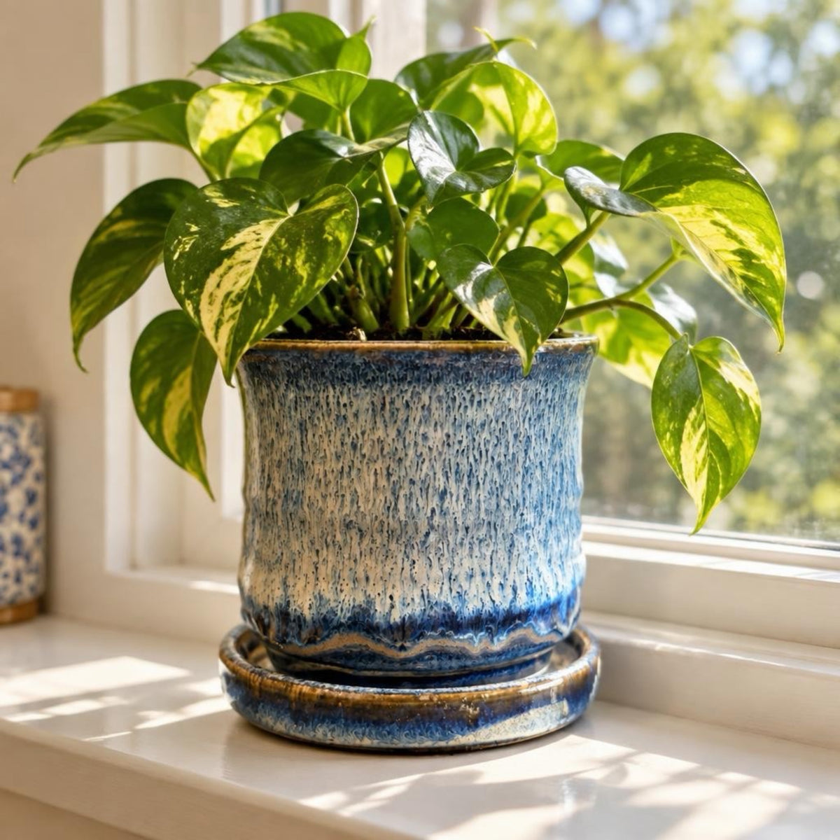 Ocean Blue & Cream Handmade Ceramic Planter with Saucer