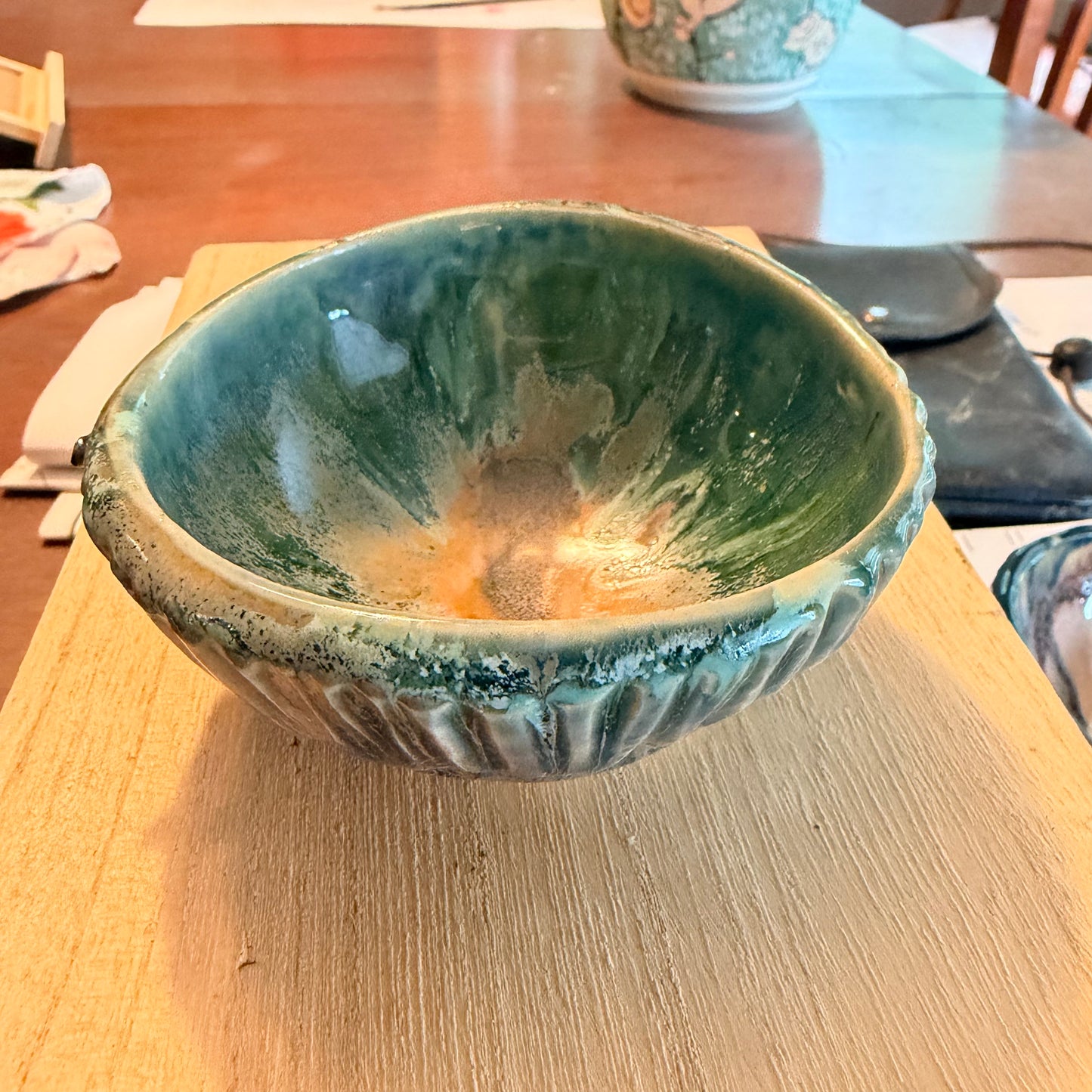 1111 Mini Bowl - Peacock and matte green carved
