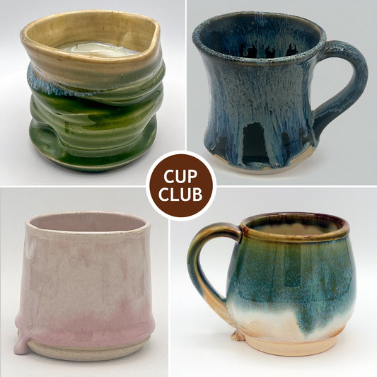 Handmade ceramic mugs from a quarterly pottery subscription club