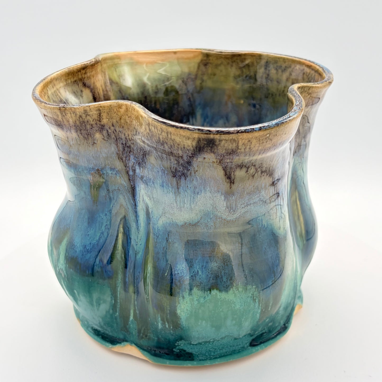 Handmade Ceramic Wavy Rim Vase in Ocean Blue & Opal Glaze