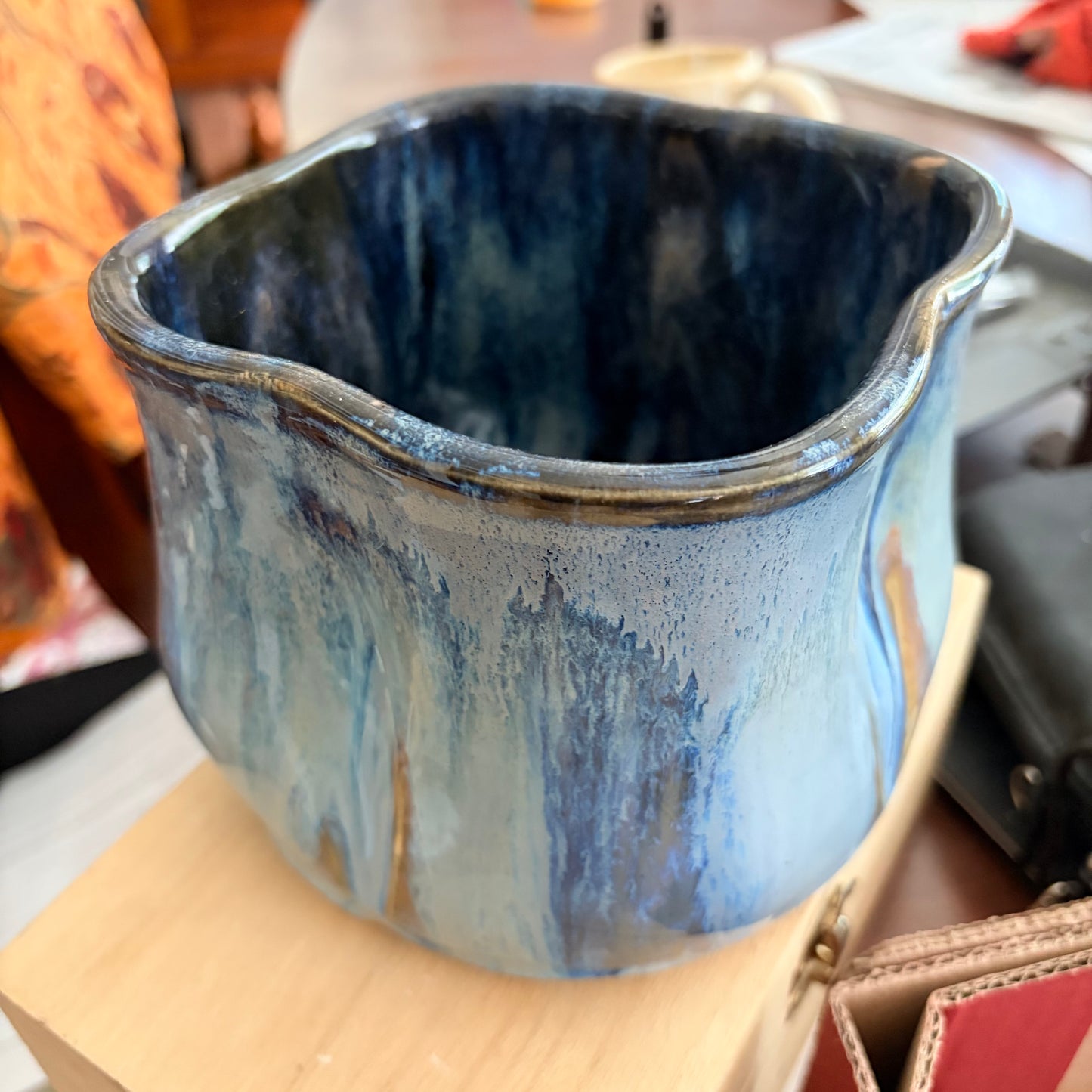 1124 Handmade Ceramic Wavy Rim Vase in blues and greens - medium