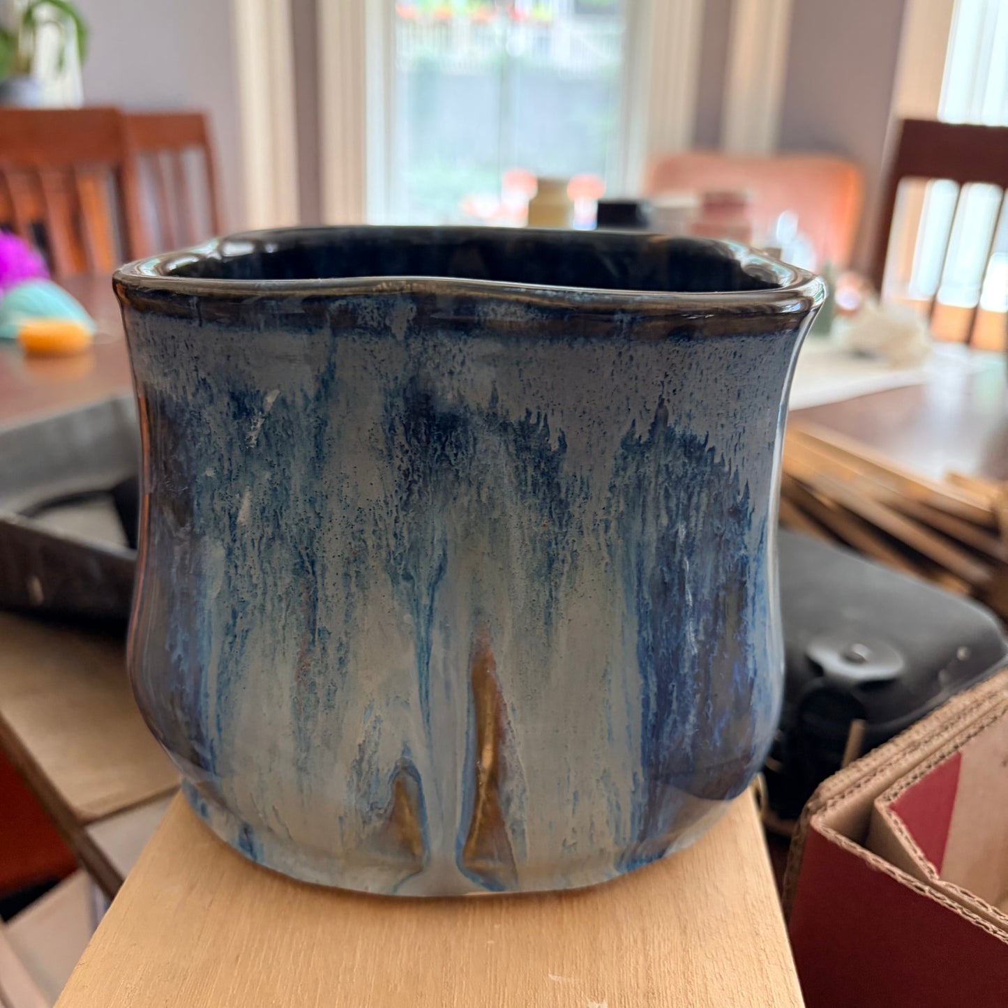 1124 Handmade Ceramic Wavy Rim Vase in blues and greens - medium