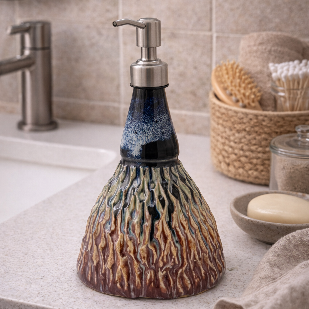 Ceramic soap dispenser on a bathroom counter with a textured design