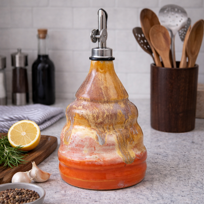 Decorative ceramic oil dispenser on a kitchen counter with utensils and ingredients in the background.