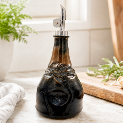 Handmade Ceramic Olive Oil Dispenser in Black & Amber Glaze