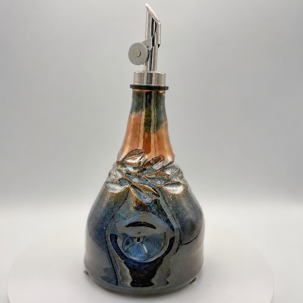 Handmade Ceramic Olive Oil Dispenser in Black & Amber Glaze