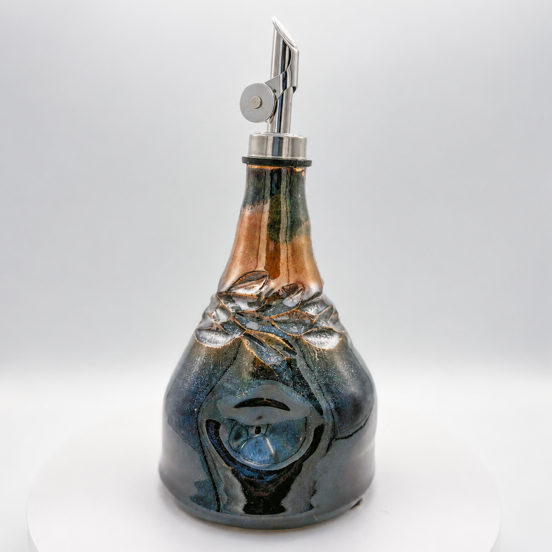 Handmade Ceramic Olive Oil Dispenser in Black & Amber Glaze