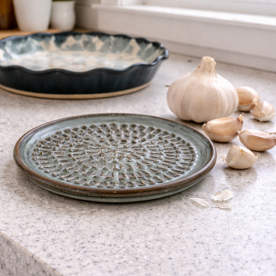Ceramic garlic grater on a kitchen counter. 