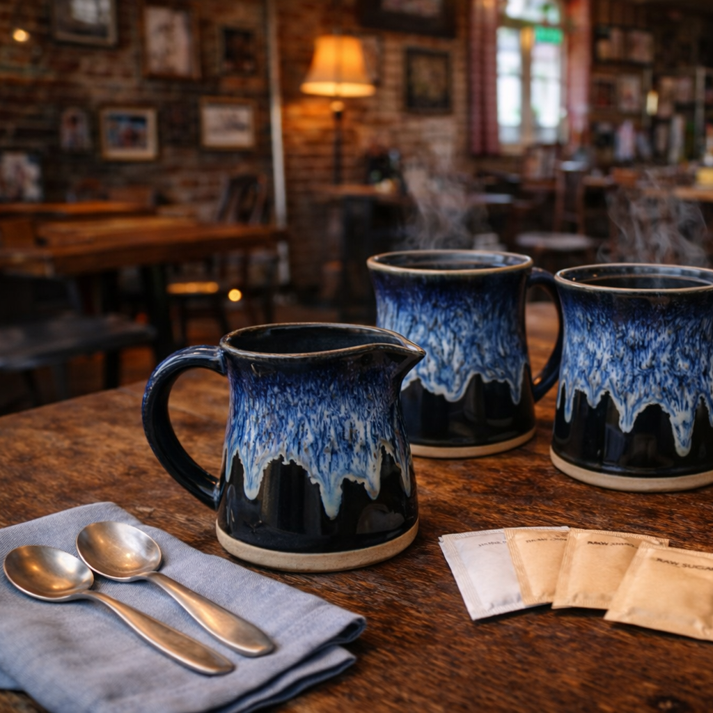 Three blue ceramic mugs on a wooden table with tea bags and spoons.