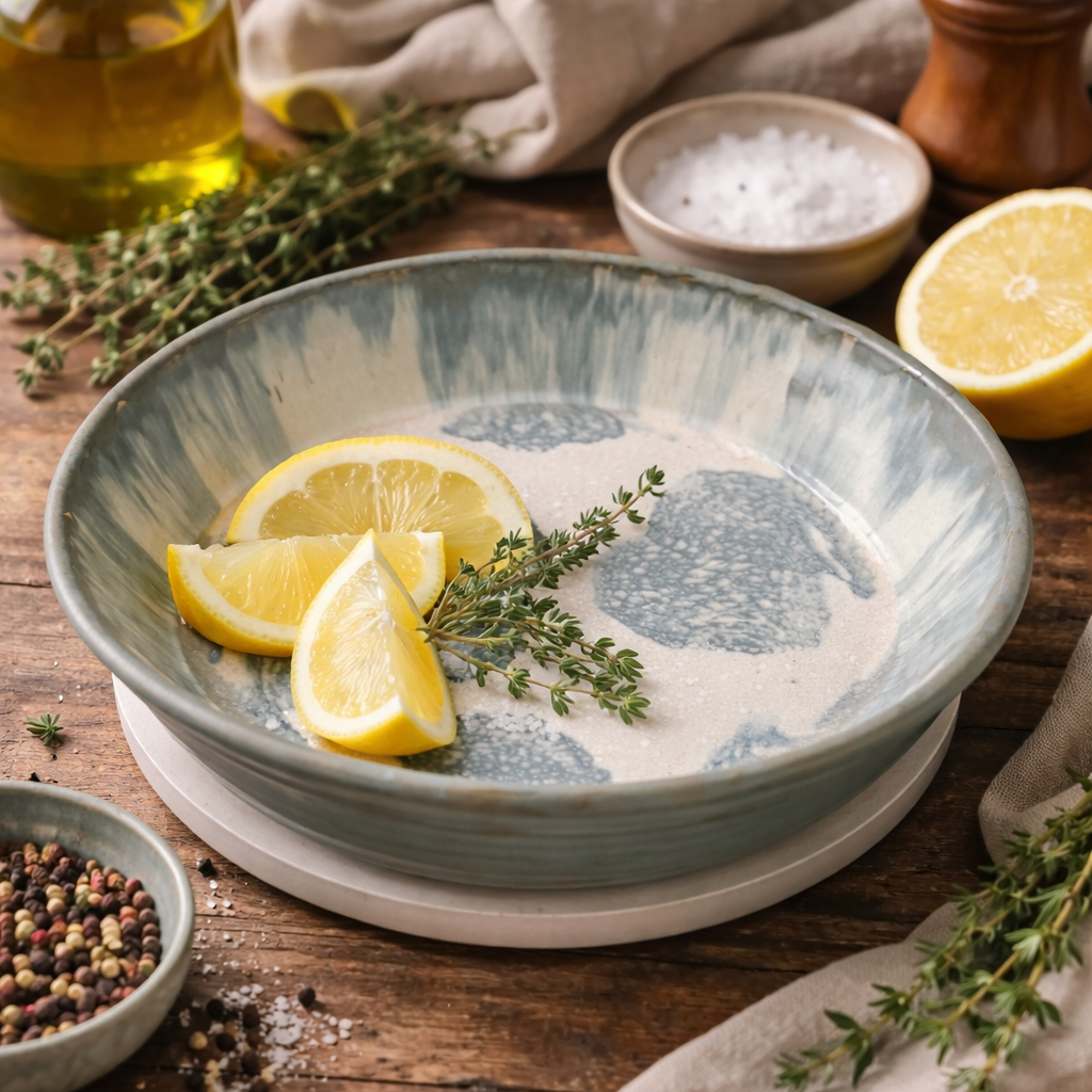 Lifestyle photo of matte blue and mottlled white pie plate with sliced melons and thyme. 