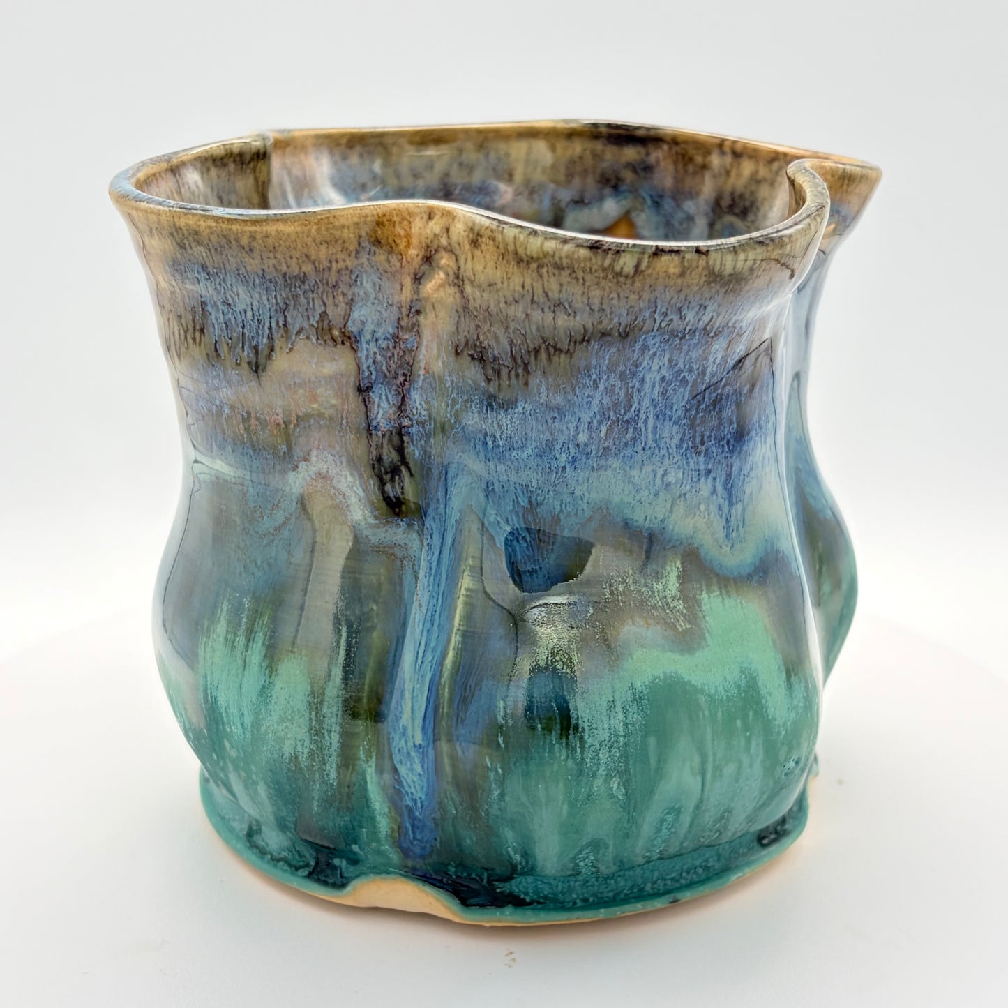 Handmade Ceramic Wavy Rim Vase in Ocean Blue & Opal Glaze