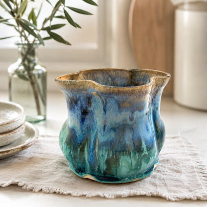 Handmade Ceramic Wavy Rim Vase in Ocean Blue & Opal Glaze