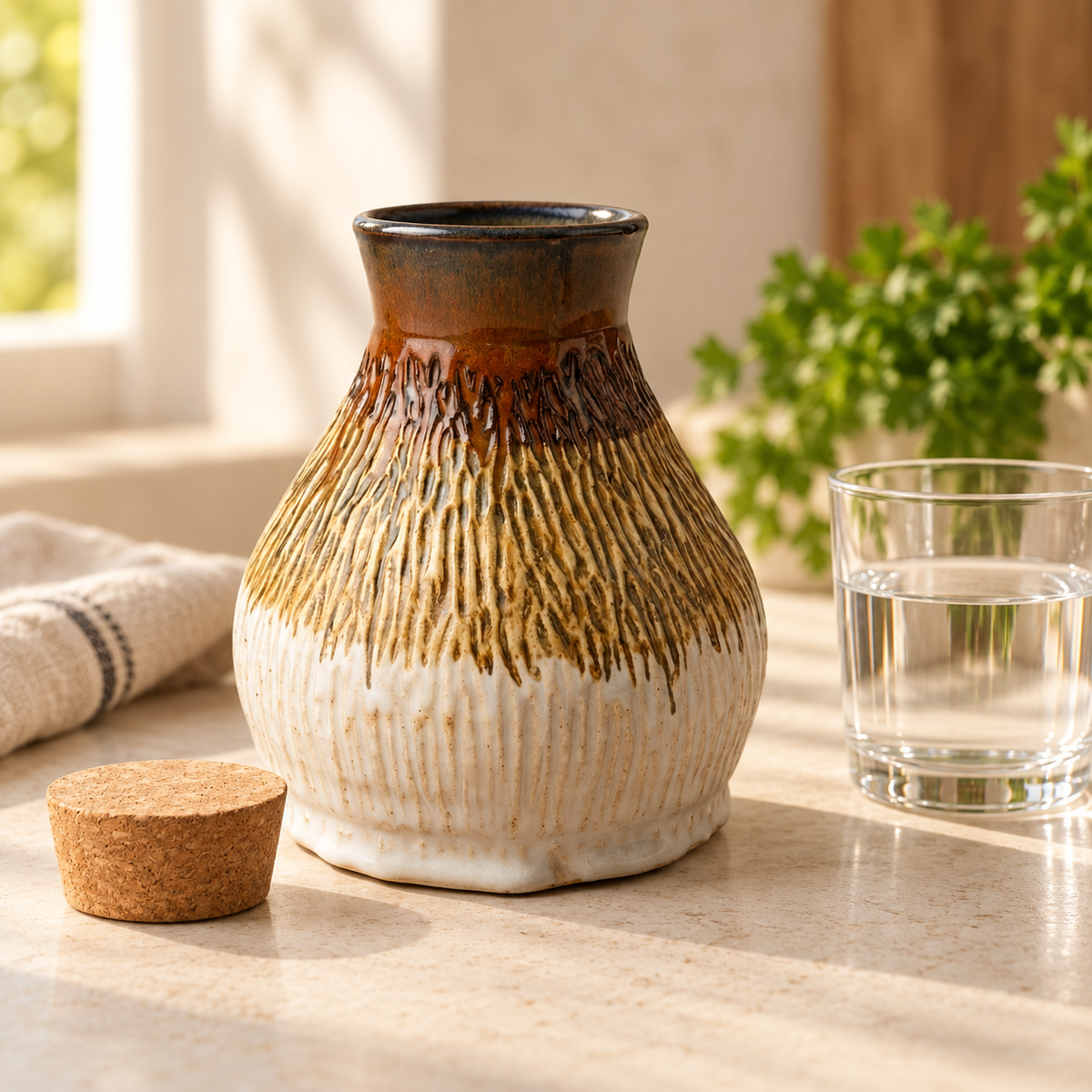 Ember Grove Carved Stoneware Decanter