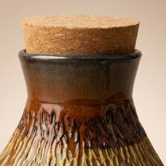 A handmade ceramic bottle with a cork stopper, featuring a textured glaze that transitions from a warm cream-white at the bottom to a dark brown and golden-brown at the top, set against a solid beige background.