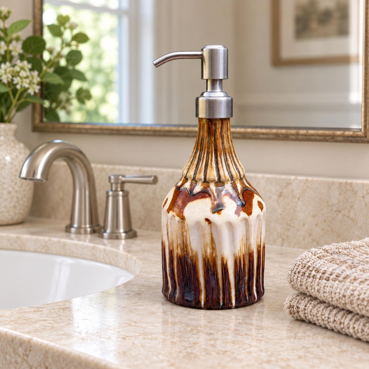 Amber Cascade Carved Ceramic Soap Dispenser