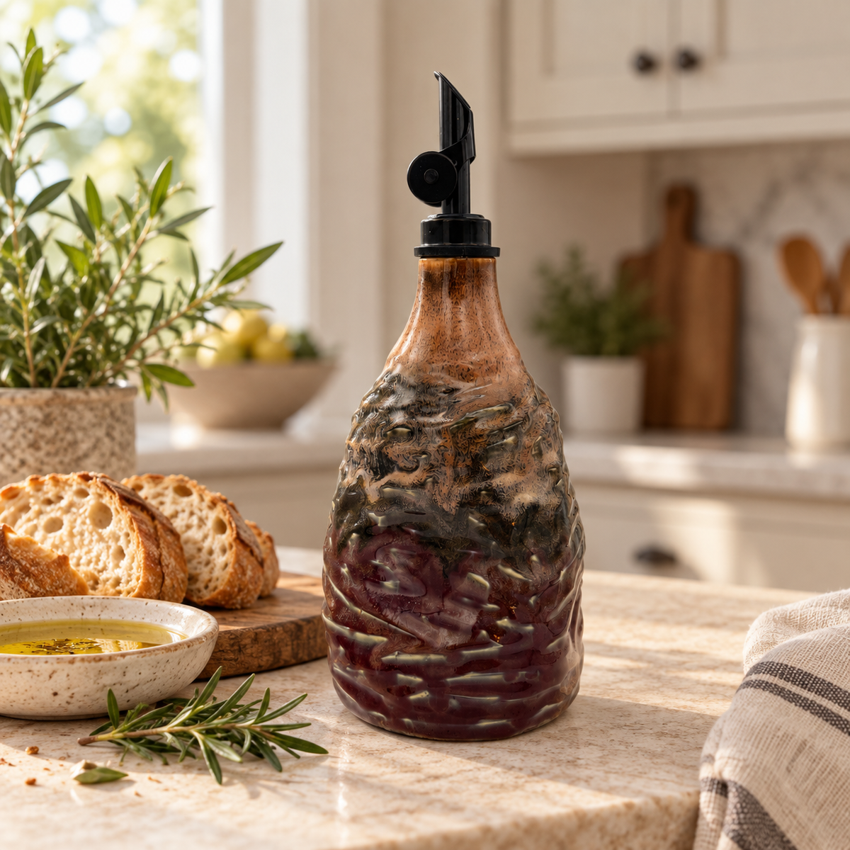Copper & Merlot — Handmade Textured Ceramic Oil Decanter