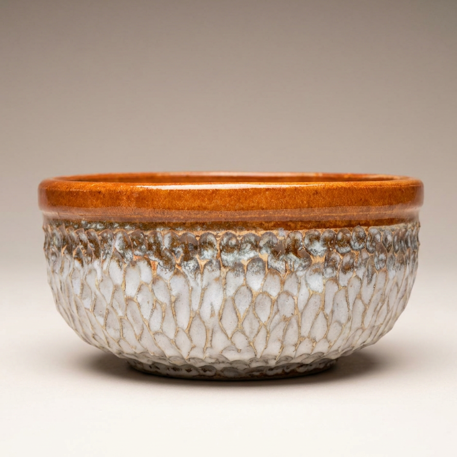 A handmade ceramic bowl with a textured, scale-like glaze pattern in white and brown, featuring a smooth, glossy amber-brown rim, set against a neutral gray background.