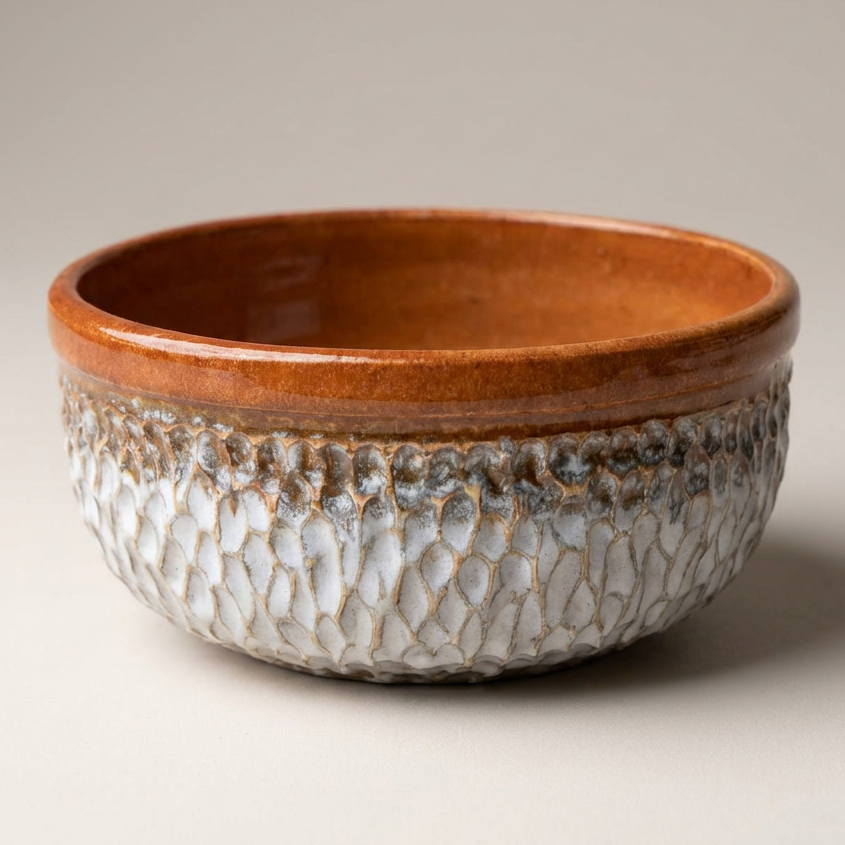 A handmade ceramic bowl with a textured, scale-like glazed pattern in off-white and brown, featuring a smooth, warm brown rim, set against a neutral light gray background.