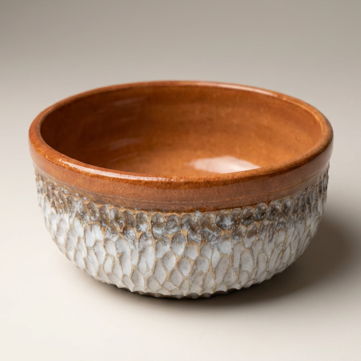 A handmade ceramic bowl with a warm brown glazed interior and a textured, speckled off-white and gray exterior, shown on a neutral light gray background.
