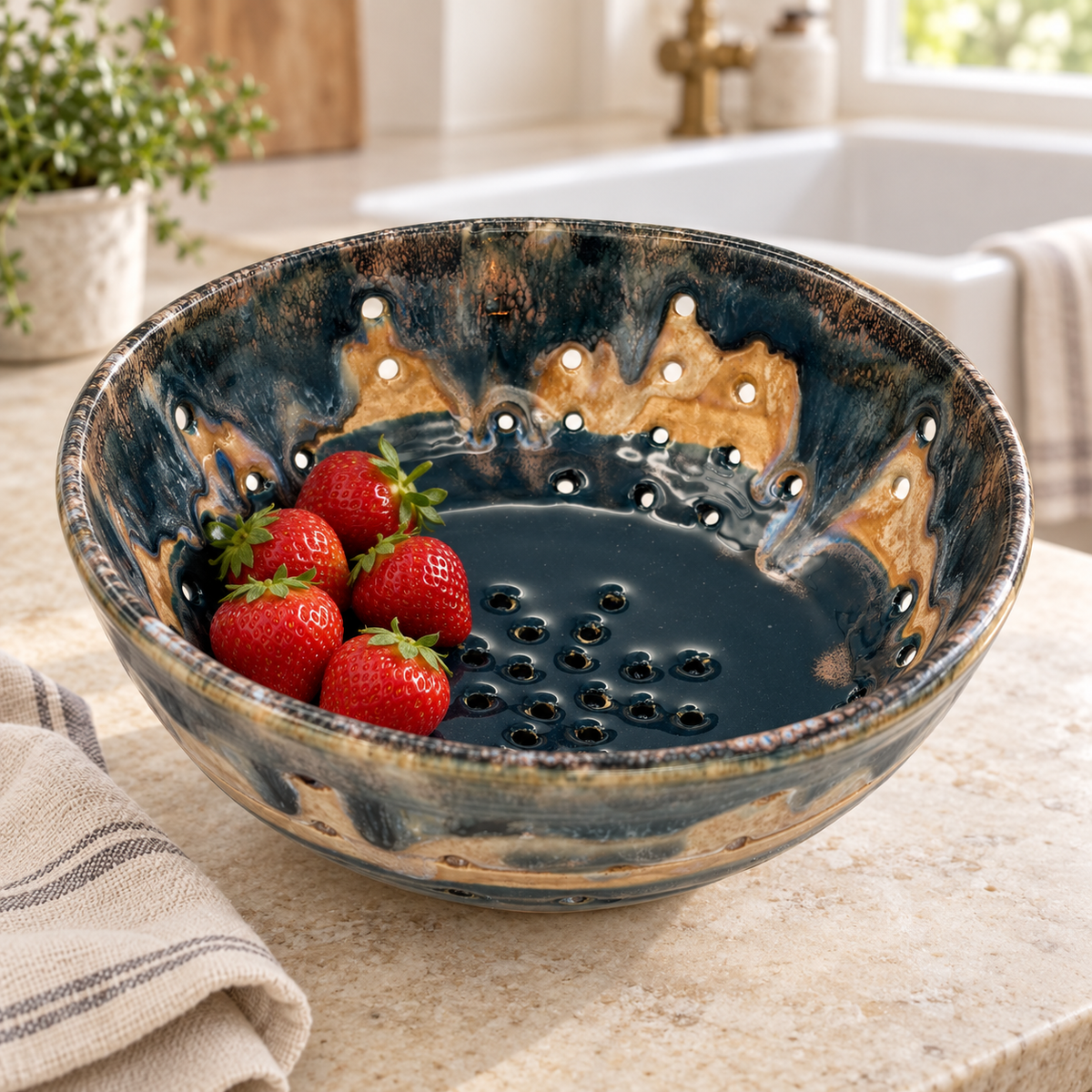 Coastal Harvest — Handmade Ceramic Colander in Blue & Amber