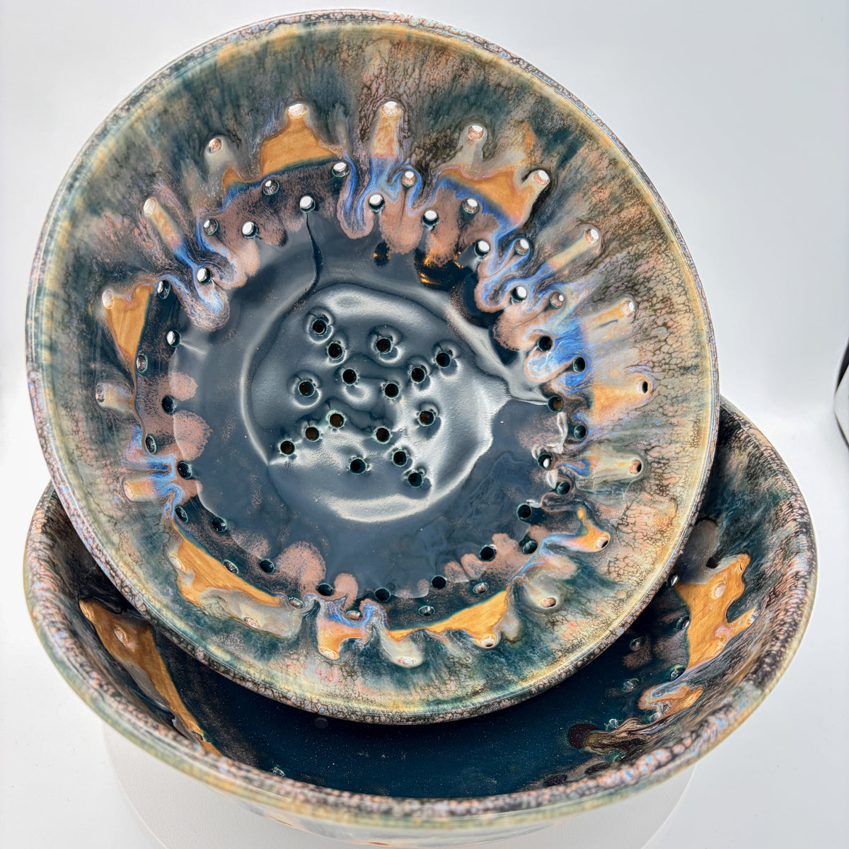 Coastal Harvest — Handmade Ceramic Colander in Blue & Amber