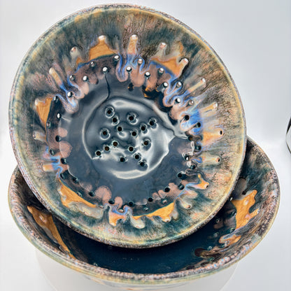 Coastal Harvest — Handmade Ceramic Colander in Blue & Amber