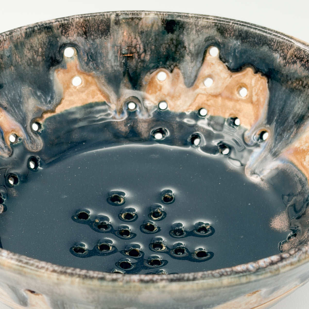 Coastal Harvest — Handmade Ceramic Colander in Blue & Amber