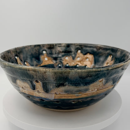Coastal Harvest — Handmade Ceramic Colander in Blue & Amber