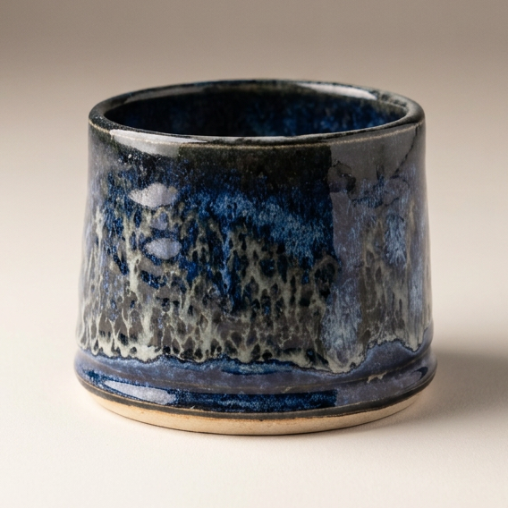 A handmade ceramic cup with a textured, mottled blue and black glaze and a natural beige clay base, photographed on a neutral beige background.