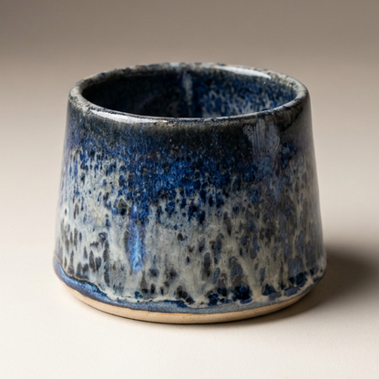 A small handmade ceramic cup with a blue and white mottled glaze, photographed on a neutral beige studio background.