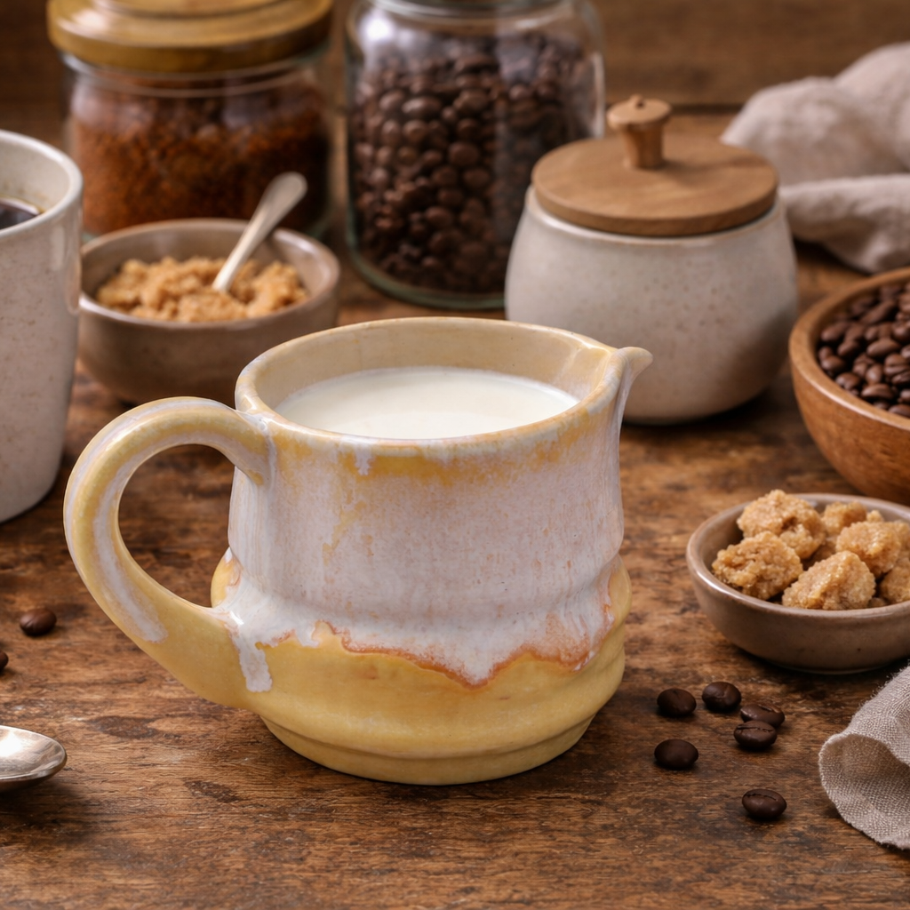 Ceramic pitcher with milk on a wooden table with coffee beans, coffee grounds, and a cup of coffee.