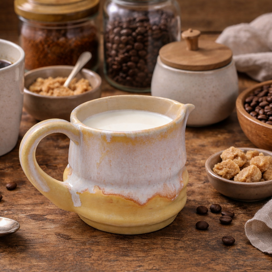Ceramic pitcher with milk on a wooden table with coffee beans, coffee grounds, and a cup of coffee.