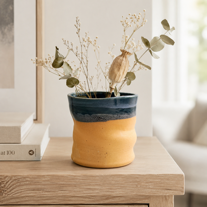 Handmade Matte Golden Yellow and Peacock Green Ceramic Vase