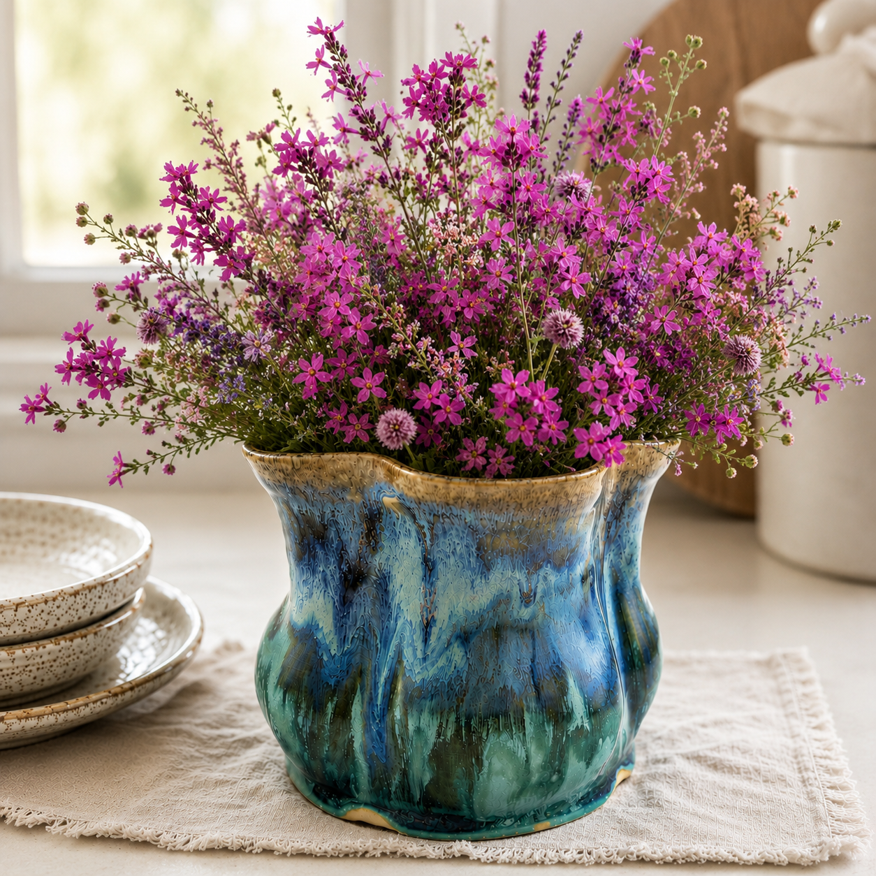 Handmade Ceramic Wavy Rim Vase in Ocean Blue & Opal Glaze