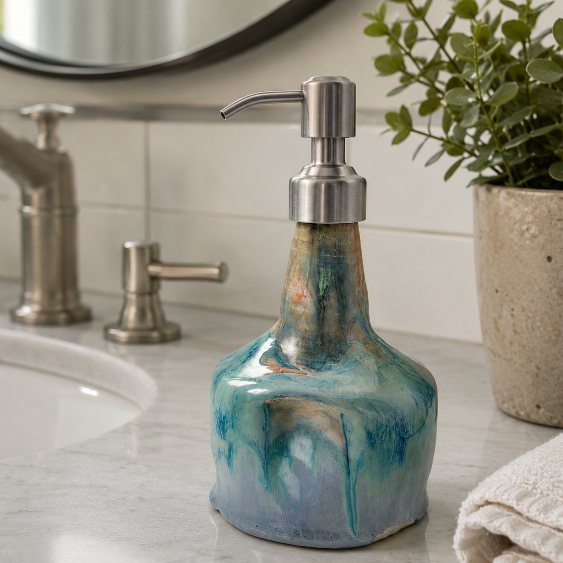 Handmade Opal Blue Ceramic Soap Dispenser with Stainless-Steel Pump