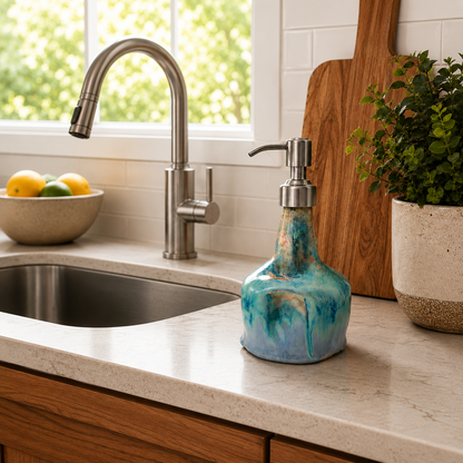 Handmade Opal Blue Ceramic Soap Dispenser with Stainless-Steel Pump