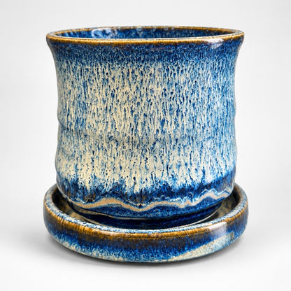 Ocean Blue & Cream Handmade Ceramic Planter with Saucer