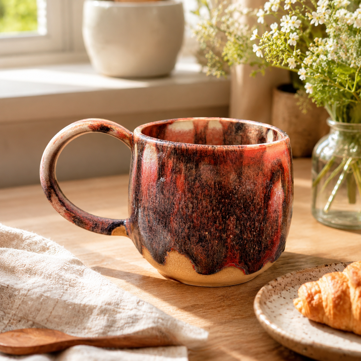 Handmade Ceramic Mug in Rustic Red, Brown & Black Drip Glaze