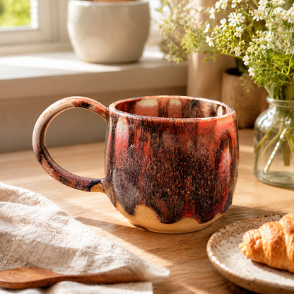 Handmade Ceramic Mug in Rustic Red, Brown & Black Drip Glaze