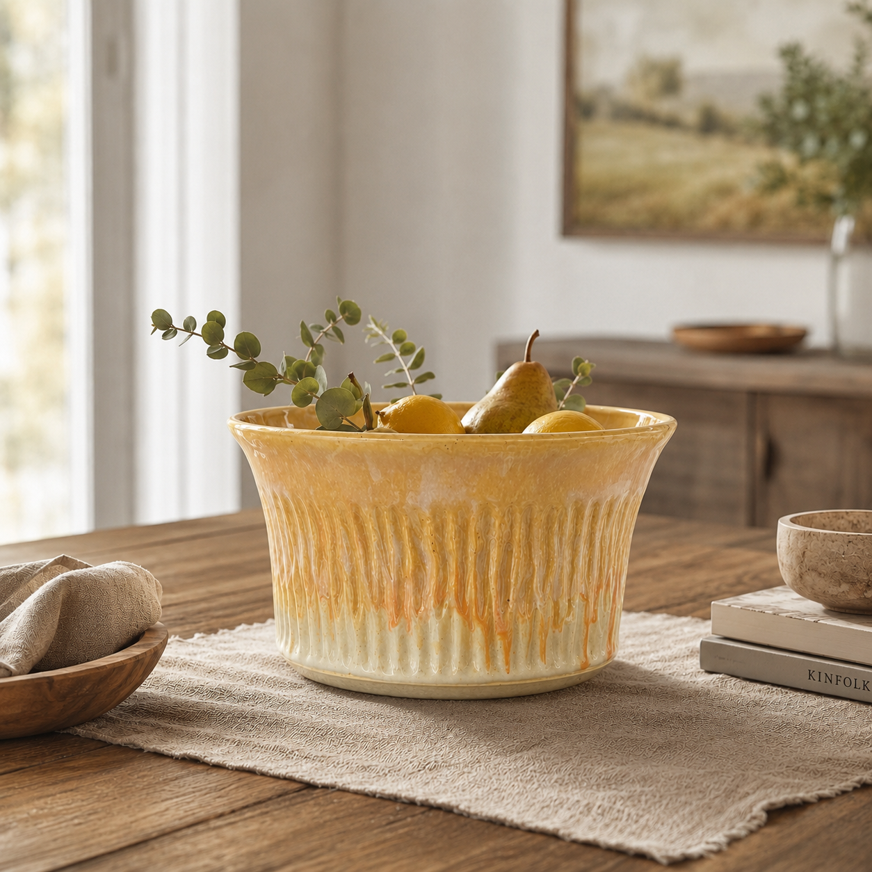Golden Cascade Hand-Carved Large Ceramic Bowl