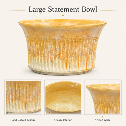 Golden Cascade Hand-Carved Large Ceramic Bowl