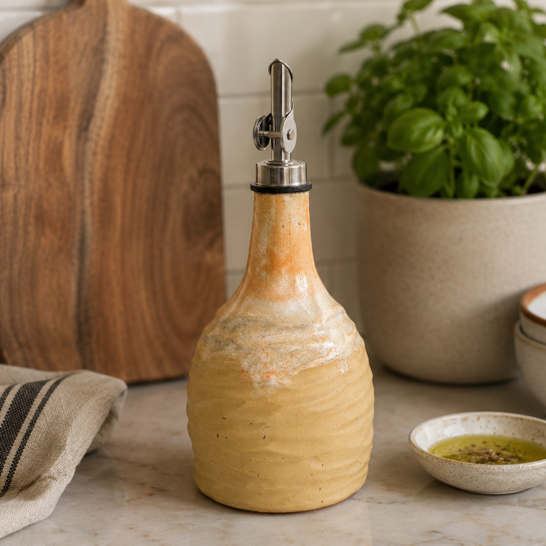 Handmade Ceramic Olive Oil Dispenser – Golden Yellow & Cream Drip Glaze