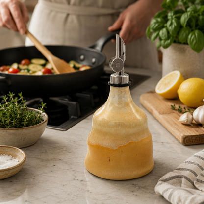 Handmade Ceramic Olive Oil Dispenser – Golden Yellow & Cream Drip Glaze