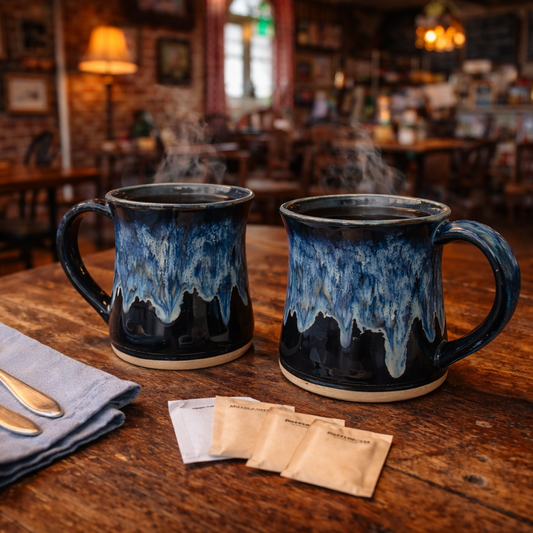 Two blue ceramic mugs on a wooden table with tea bags and spoons in a cozy café setting.