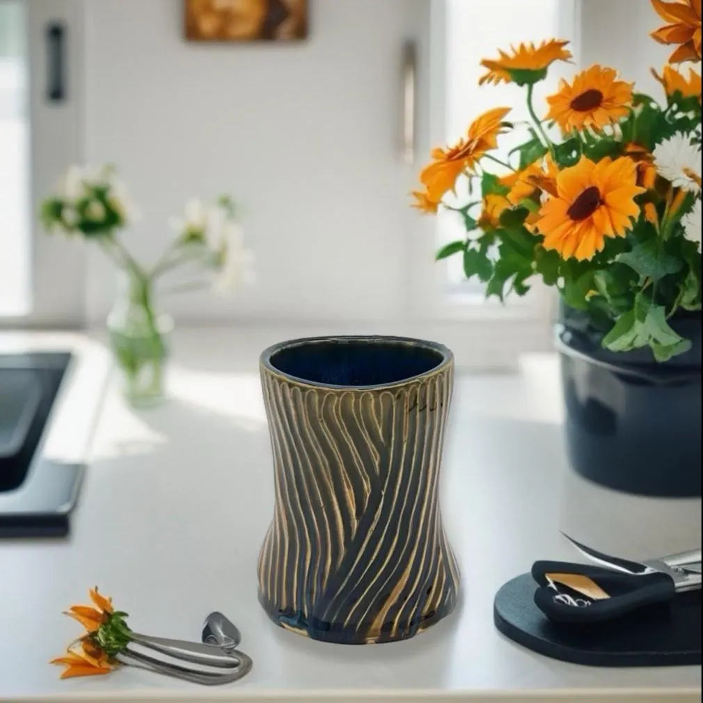 Gold and Blue Carved Bud Vase