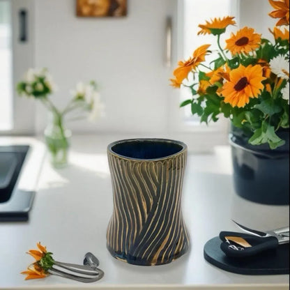 Gold and Blue Carved Bud Vase